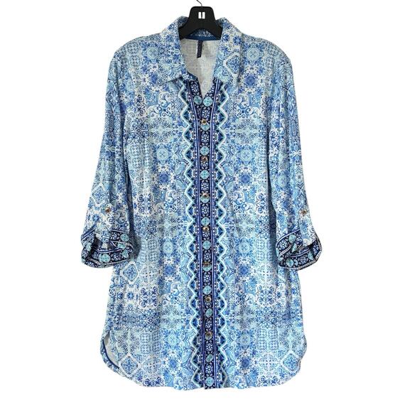 Aqua et Sol Dress Cover-Up Button-Front Women’s M Roll-Tab Blue Patchwork Print - Picture 1 of 13